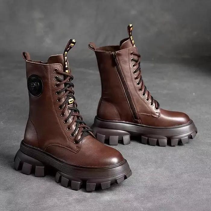 Bottines demi-bottes en cuir véritable et fourrure pour femme