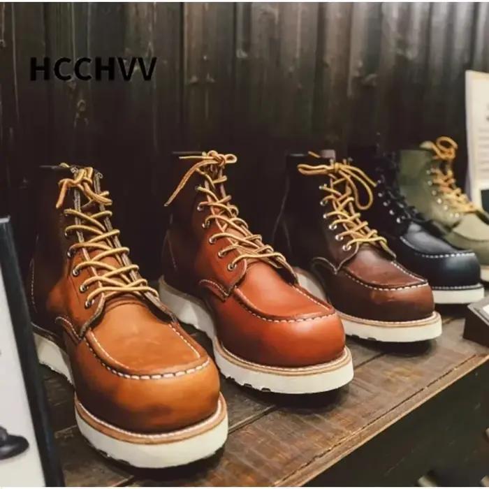 Bottes de moto en cuir véritable cousues Goodyear pour hommes, bottes provoqué punk décontractées, chaussures de travail mi-mollet, bout rond, rouge occidental, vintage