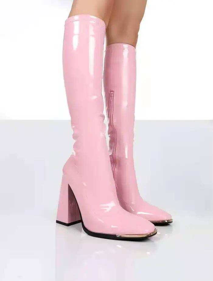 Bottes au genou à talon carré pour femmes, bottes Parker classiques, bottes zippées en cuir PU, chaussures de danse pour robe de soirée