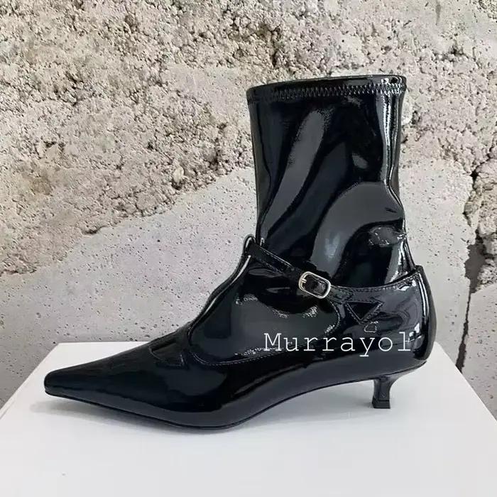Bout pointu ceinture boucle conception bottes courtes femmes en cuir verni mince talons hauts cheville Botas automne
