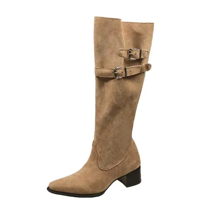 Vintage daim femmes pantalon jambes bottes mode ceinture boucle sans lacet chaussures automne hiver talons compensés dames longs chaussons