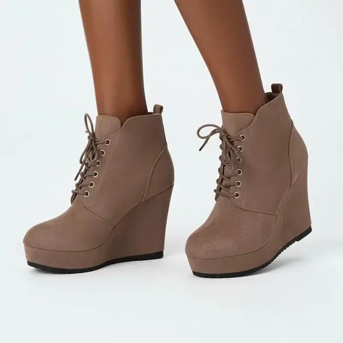 Bottines à talons compensés automne hiver 2025, bout rond en daim à lacets, grande taille, bottes nues confortables à la mode