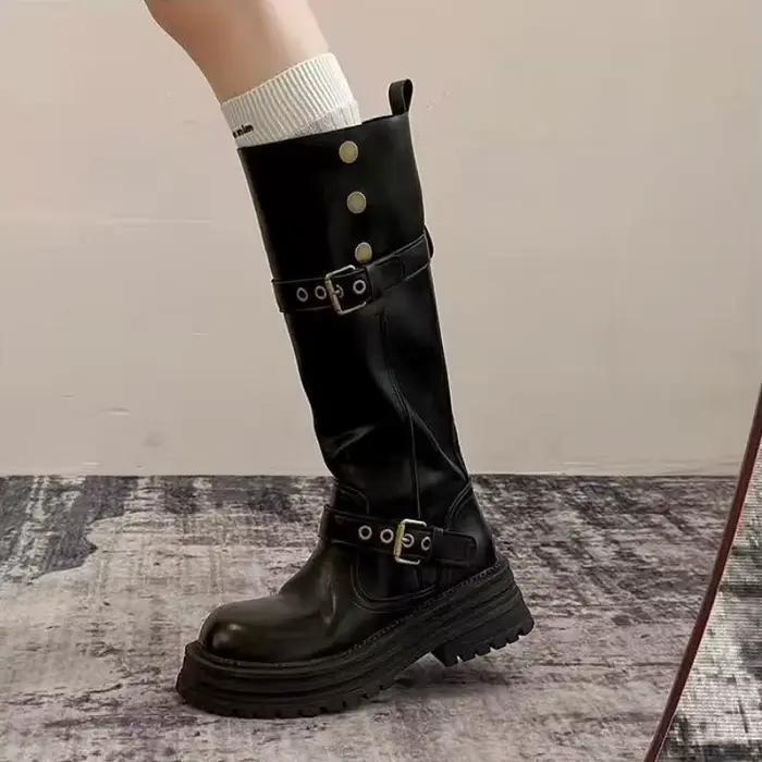 Bottes de moto hautes pour femme à plateforme épaisse, semelle à crampons, boucle de ceinture, style vintage, convertible avec revers pliable