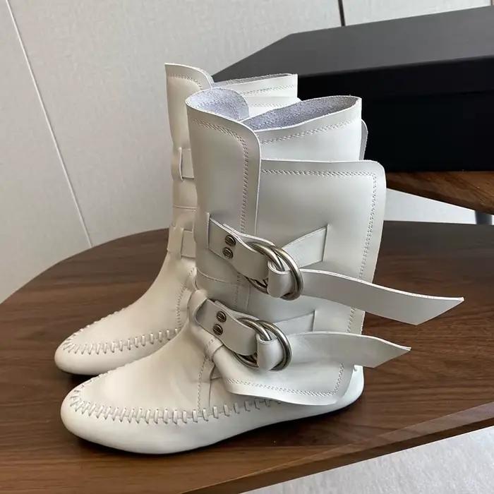 Femmes fond plat mi-mollet bottes rondes à en cuir véritable boucle en métal conception chaussons longs dames piste