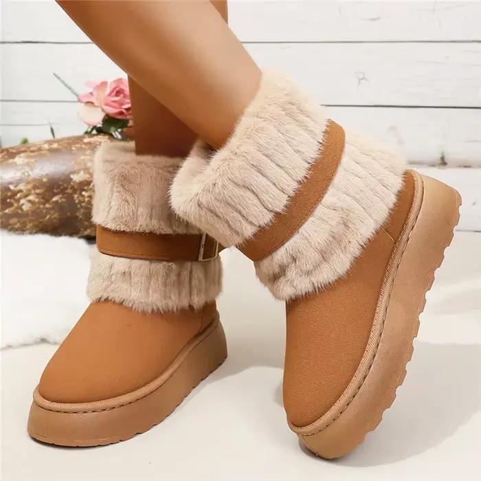 Bottes de neige décontractées à fond épais doublées de polaire épaisse pour femmes, chaussures chaudes d'hiver en coton avec ceinture décorée, bottes montantes à bout rond