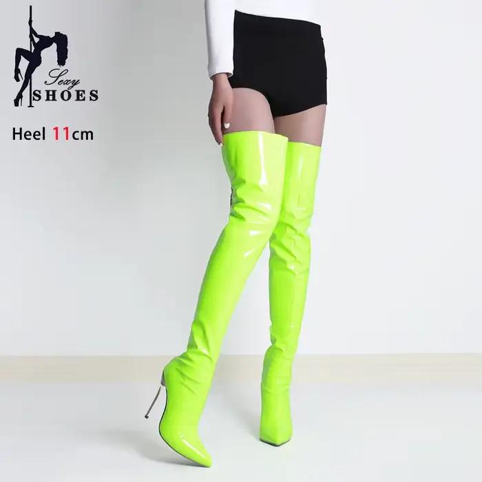 Bottes bleues au dessus du genou pour femmes, talons hauts brillants de 11cm, bottes longues en cuir verni à bout pointu, cuissardes, chaussures de danse Botas Mujer
