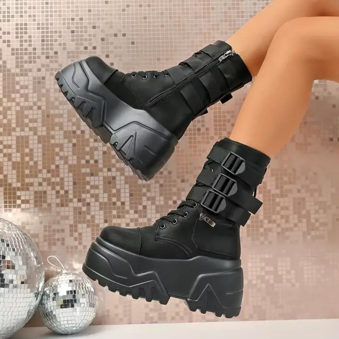 Bottines d'automne en cuir pour femmes, chaussures épaisses, baskets respirantes à plateforme haute, semelle épaisse de 9CM, bottes de moto à semelles compensées