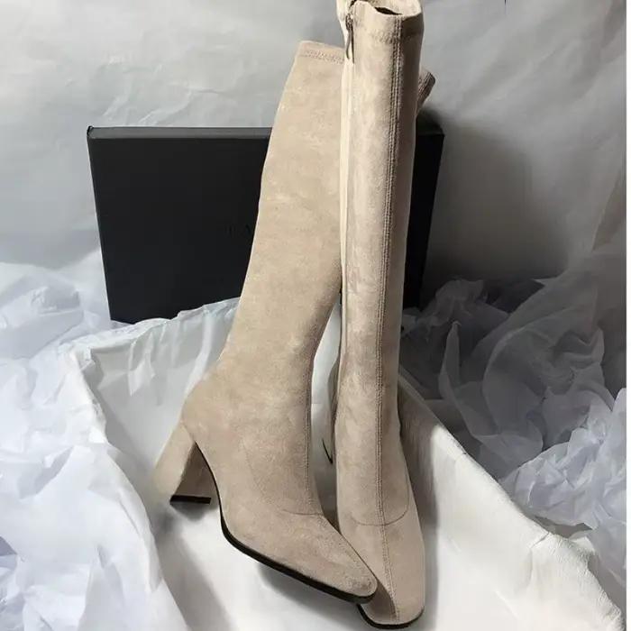 Bottes HKQD Femme Bout Carré Talon Carré Flanelle Automne Printemps Mi-Mollet Élégantes Occasions Spéciales