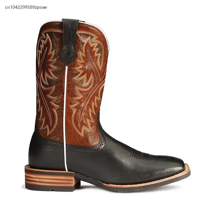 Bottes de Cowboy occidentales rétro mi-tube, noires et marron, accessoires de jeu de rôle, chaussures en cuir faites à la main, bottes d'équitation Cyberpunk unisexes