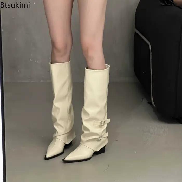 Printemps et automne femmes Style rétro mi-mollet bottes mode ceinture boucle chaussures bout pointu compensées talon chevalier bottes longues femme