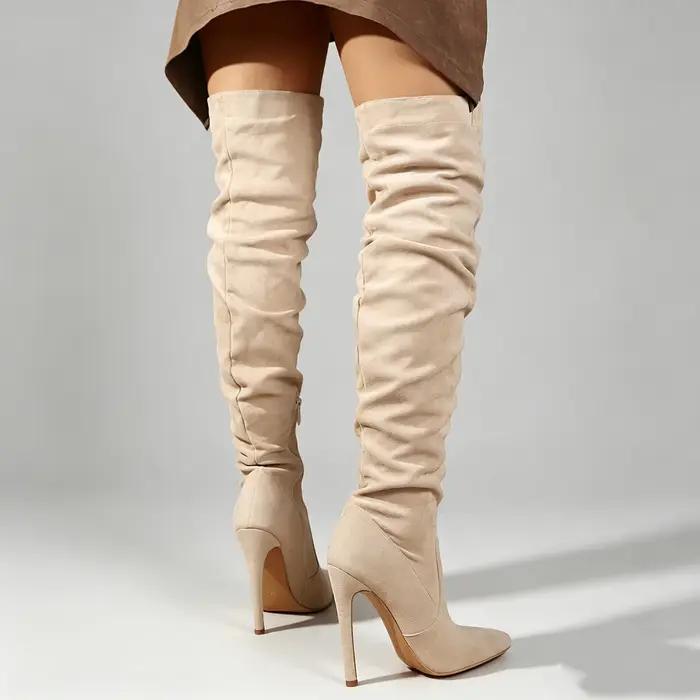 Bottes mi-cuisses en daim beige pour femme