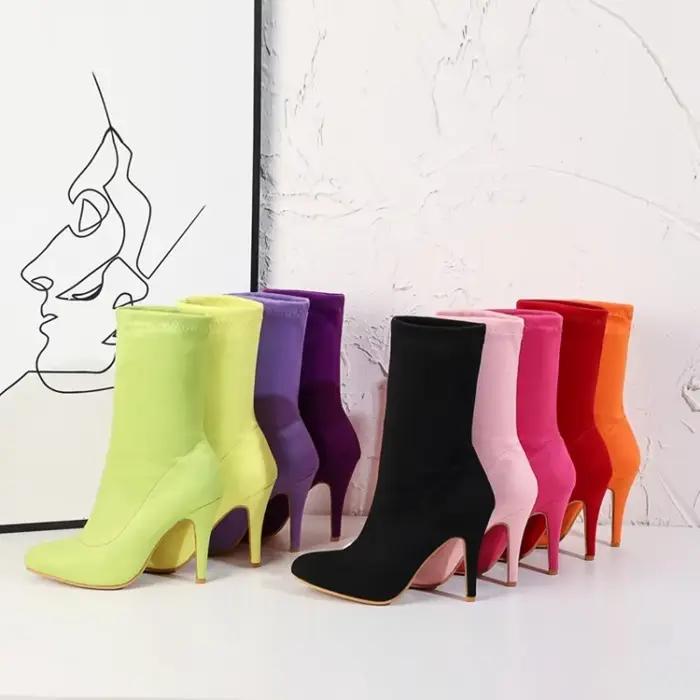 Botines Mujer mode couleur élastique bottines femmes bout pointu automne hiver talons hauts chaussures de fête grande taille 47 48 K70