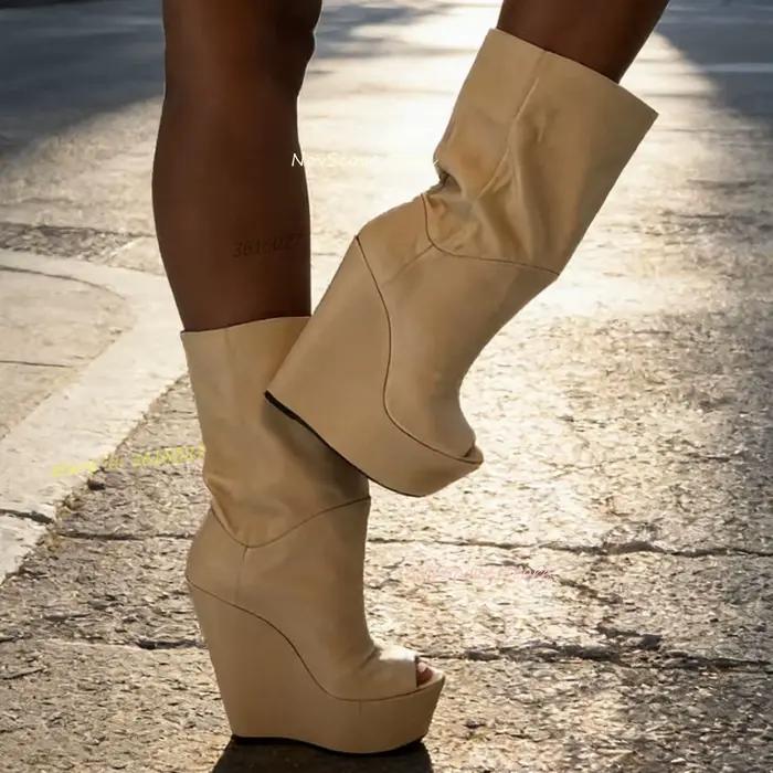 Peep Toe plate-forme compensées mi-mollet bottes couture sans lacet mode chaussons Sexy femmes printemps semelle en caoutchouc robe fête chaussures quotidiennes