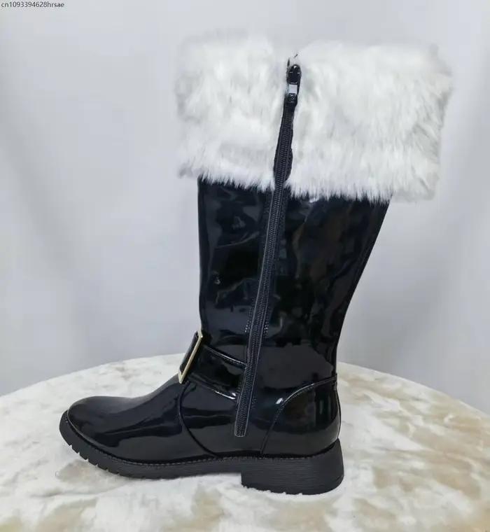 Bottes d'hiver de Noël, bottes du Père Noël pour hommes et femmes, chaussures en cuir rouge et noir pour le Nouvel An, avec revers en peluche blanche, pour cosplay