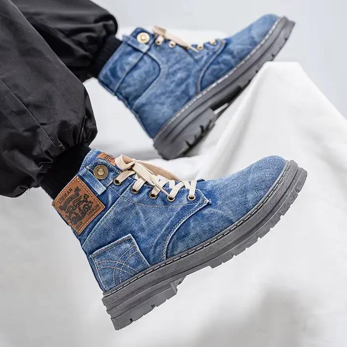 Nouvelles bottes pour hommes en denim tendance, style printemps-automne, personnalisées, résistantes à l'usure, à tige haute, légères, à semelle épaisse, polyvalentes, pour l'extérieur