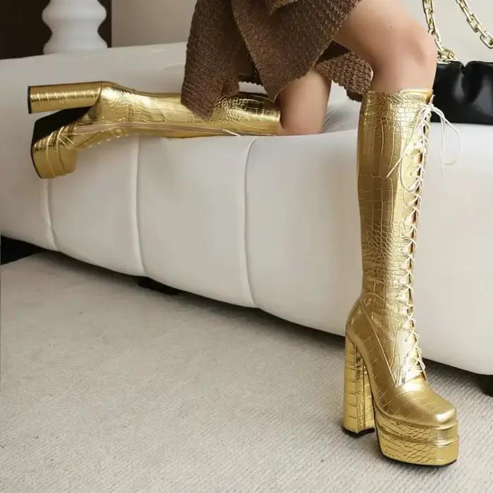 Bottes hautes en cuir PU pour femme, cuir de Crocodile, couleur or argent Olive, brillant, à lacets, talons hauts occidentaux, bottes à plateforme d'hiver