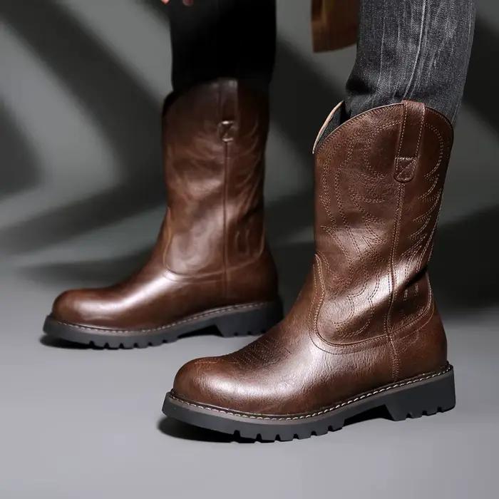 Bottes de chevalier vintage en cuir antidérapantes pour hommes, mi-mollet, talons en forme de fer à cheval, haute tige, printemps automne hiver, style éthnique, occassions spéciales, randonnées équestres, cadeaux mémorables