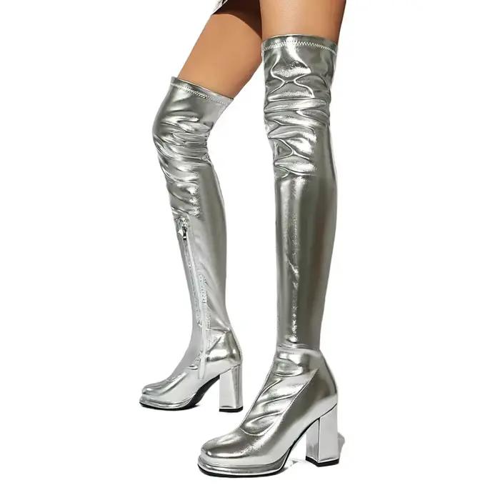 Cuissardes hautes femmes mode or argent bout rond fermeture éclair hiver automne bloc talons hauts sur les genoux