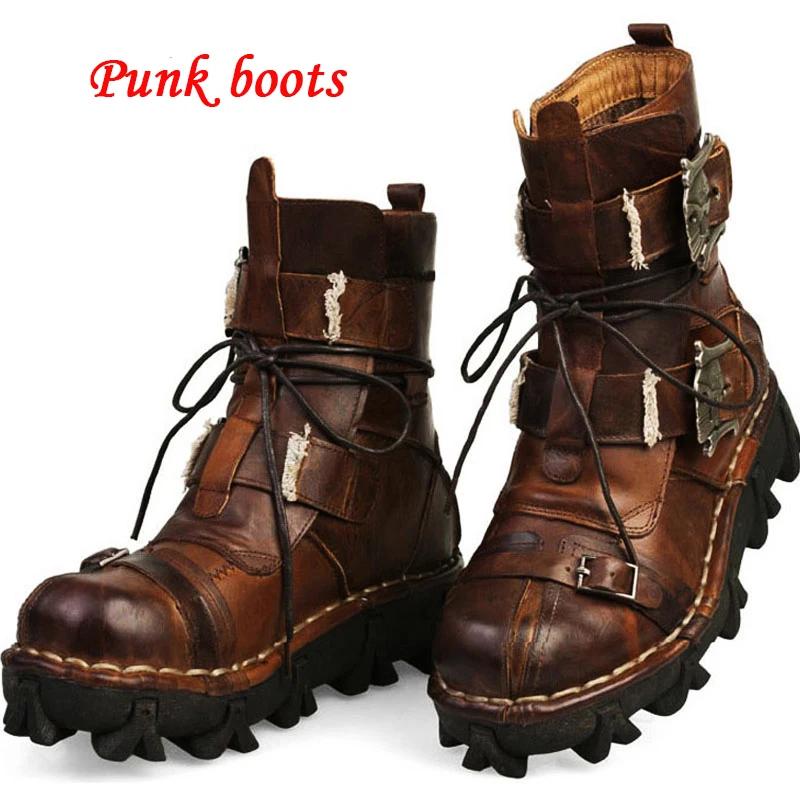 Bottes de moto gothiques en cuir véritable pour hommes, crâne, punk, rinçage, mode western, mi-molle