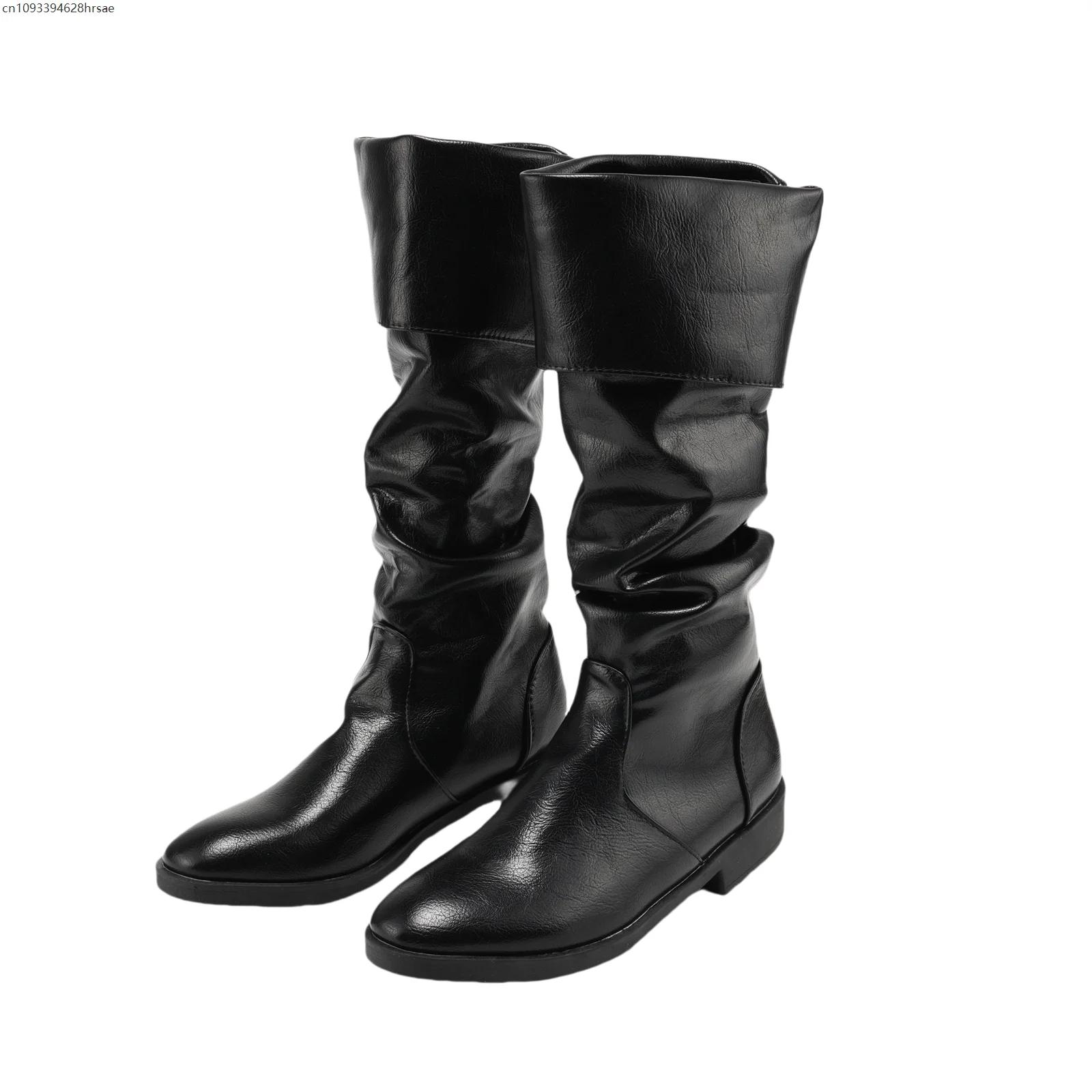 Bottes noires de pirate médiéval et de la Renaissance, rétro, à revers, mi-mollet, gothiques, en cui