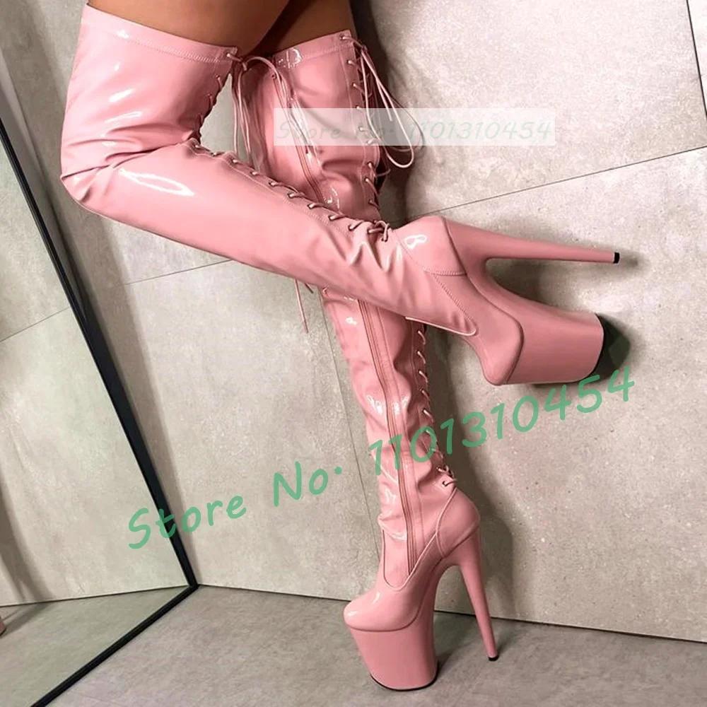 Bottes à plateforme rose en cuir verni brillant pour femmes, cuissardes minces, chaussures à lacets 