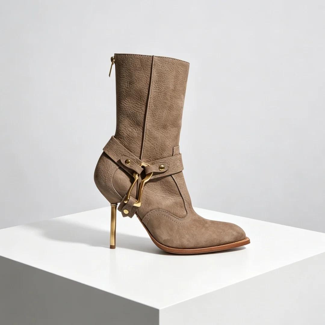 Bottines mi-mollet pour femme, motif serpent marron, avec bride à boucle dorée en métal, bout pointu
