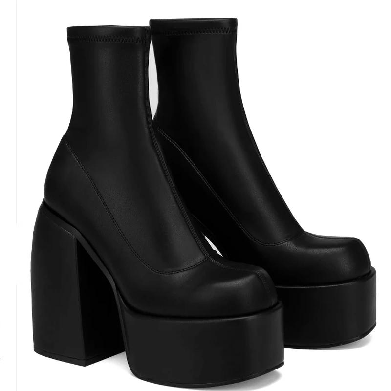 Bottes modernes femmes plate-forme talons bout rond botte en cuir talons épais fermeture éclair conc