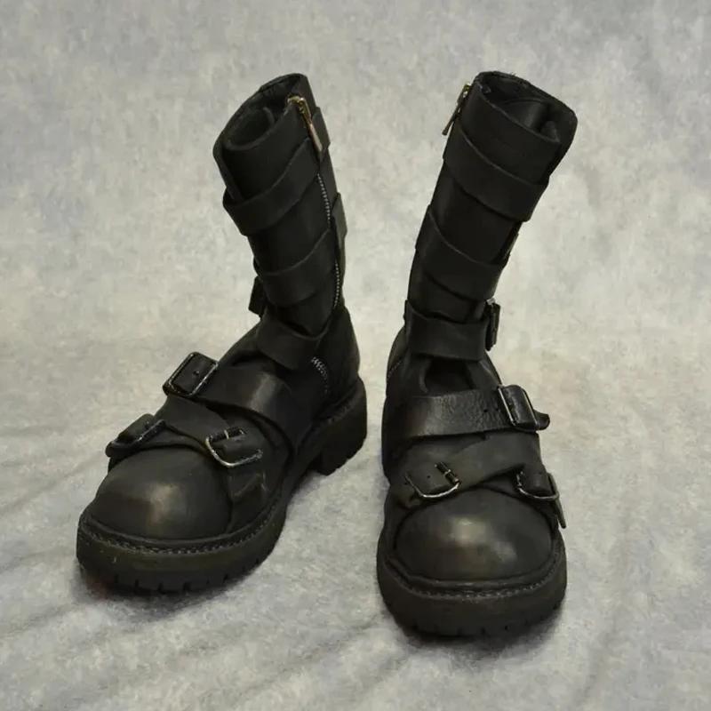 Bottes mi-mollet pour hommes à talons épais et multiples boucles, avec fermeture éclair latérale, bo