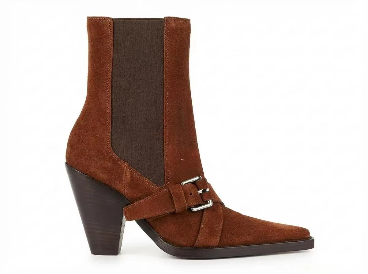 Bottines western en daim à talon épais pour femme 2026, noires/marron, à boucles, souples, décontrac
