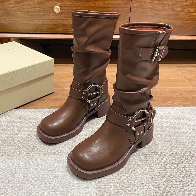 Bottes de moto rondes en cuir PU pour femmes, chaussures à plateforme, Parker, talons temporels, rin