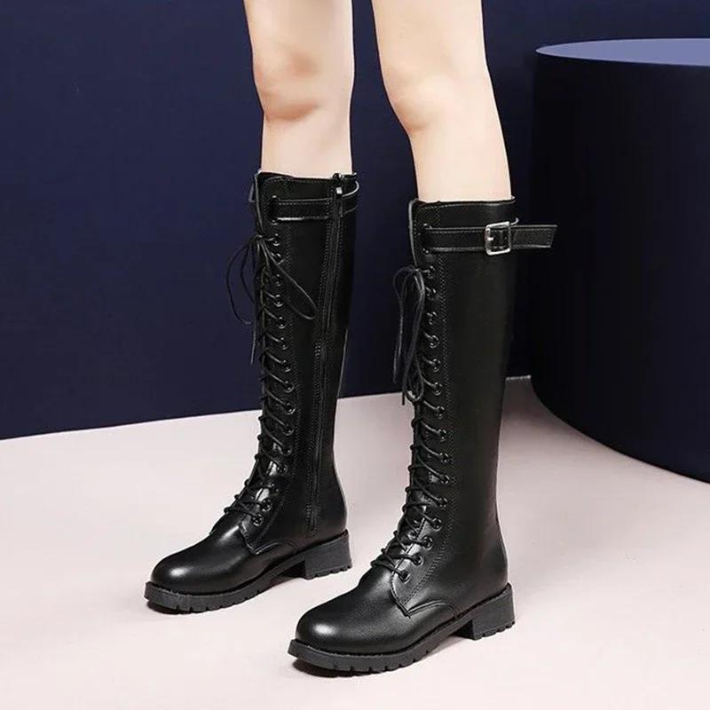 Bottes rétro noires à fond épais pour femme, chaussures hautes au genou, en cuir Pu, avec fermeture 