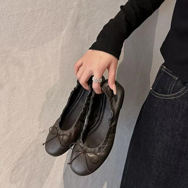 Chaussures de ballet élégantes rétro rouges à nœud papillon 2026 pour femmes, mocassins plats souple
