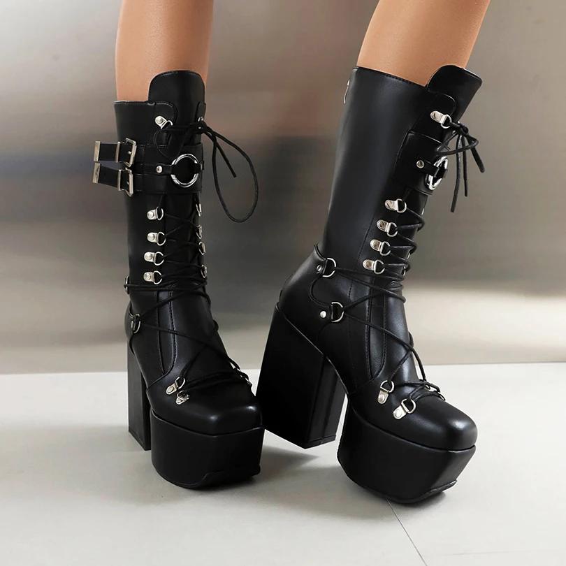 Bottes à plateforme ultra haute pour femmes, bottes à tube moyen punk en métal avec fermeture à glis