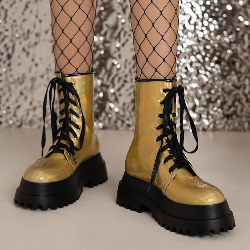 Bottes à fond plat en cuir verni brillant, plateforme Double couche, doublure intérieure en peluche 