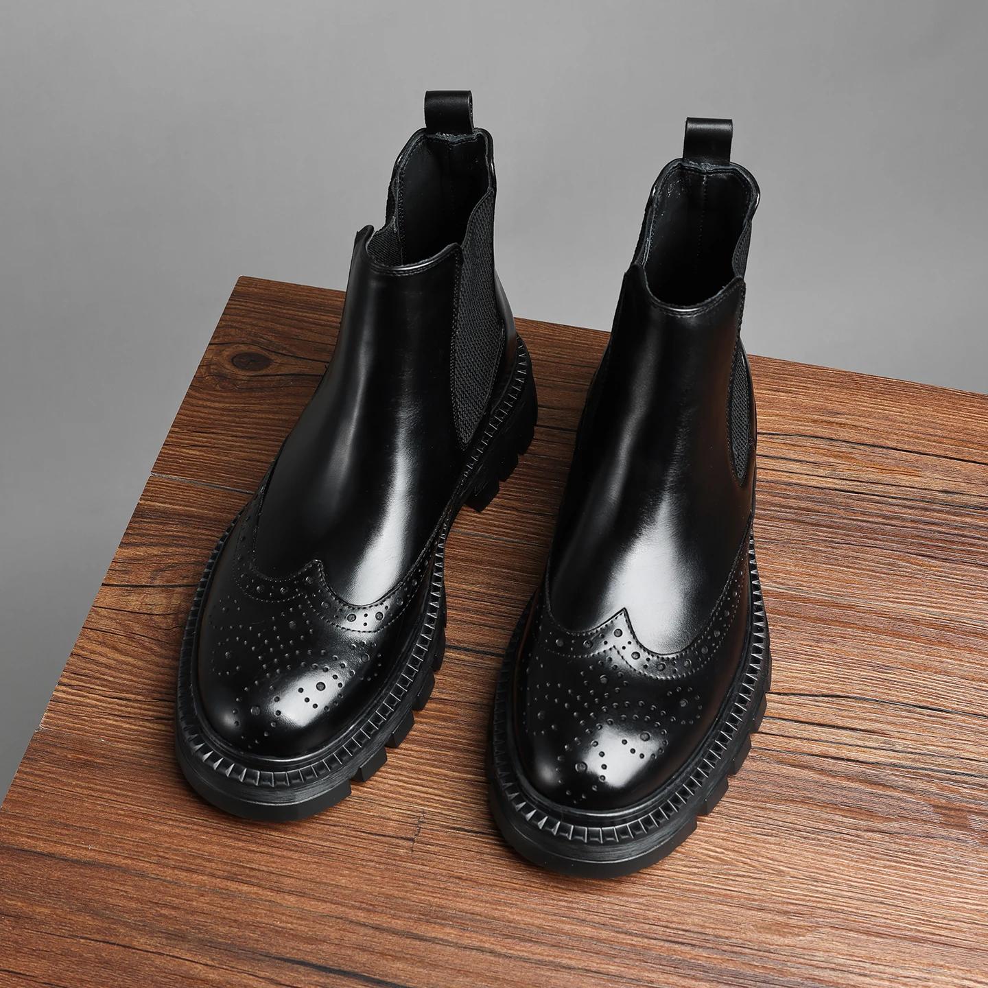 Bottes hautes pour hommes, mocassins à fond épais, motif sculpté, en cuir véritable, Style européen