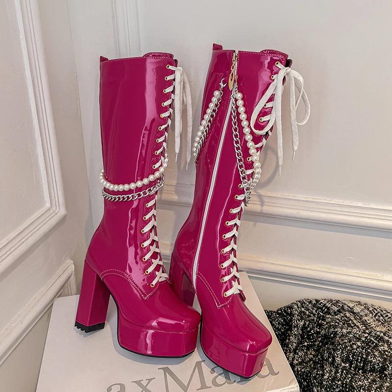 Bottes de moto en cuir verni brillant, Super plate-forme, talon épais, chaîne en métal, chaîne de pe
