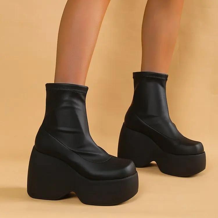 Bottines à plateforme épaisse pour femmes, en similicuir extensible, style gothique punk, à enfiler,