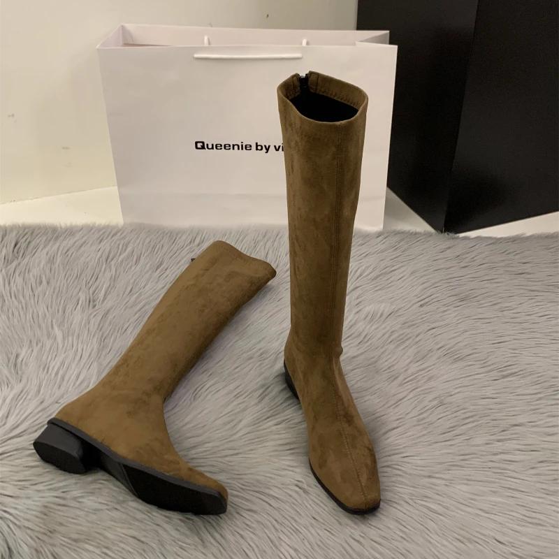 Designer Vintage femmes genou bottes hautes mode carré chaussures à talons bas concis mince Long Bot