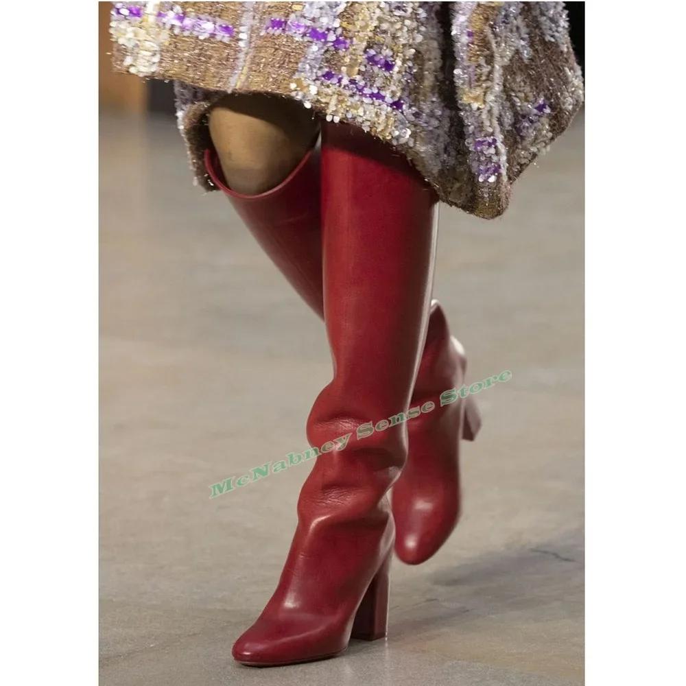 Bottes rouges en cuir véritable pour femmes, bout rond, talons hauts épais, sans lacet, chaussures S