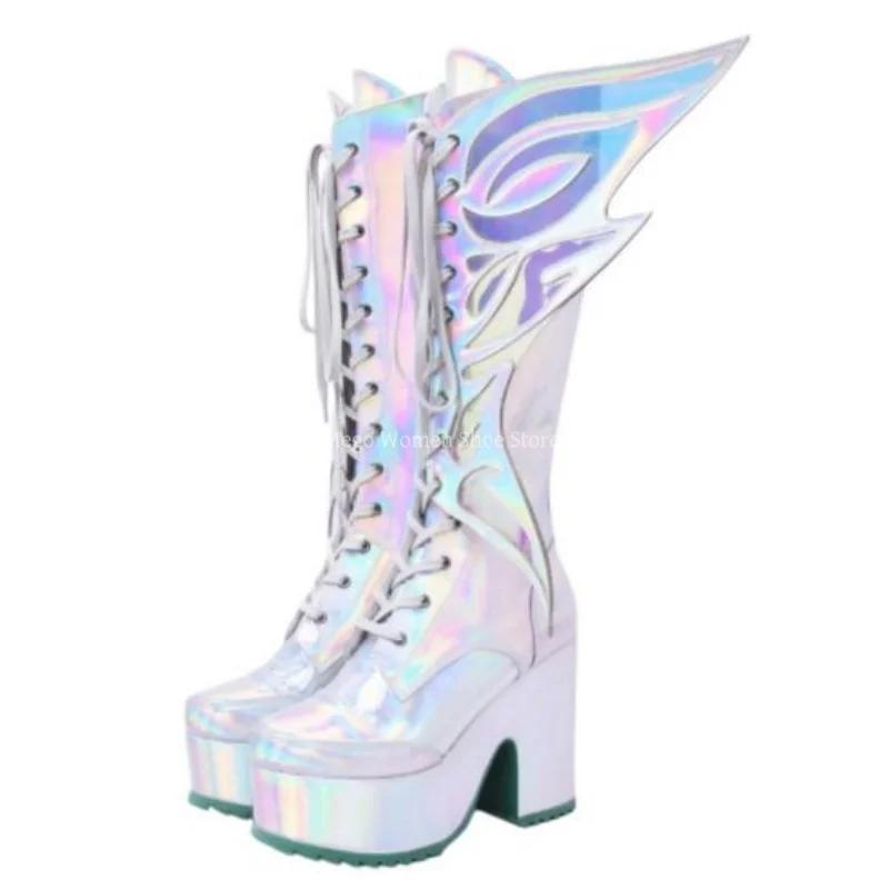 Bottes hautes holographiques à plateforme pour femme, talon épais, lacets, fermeture éclair latérale