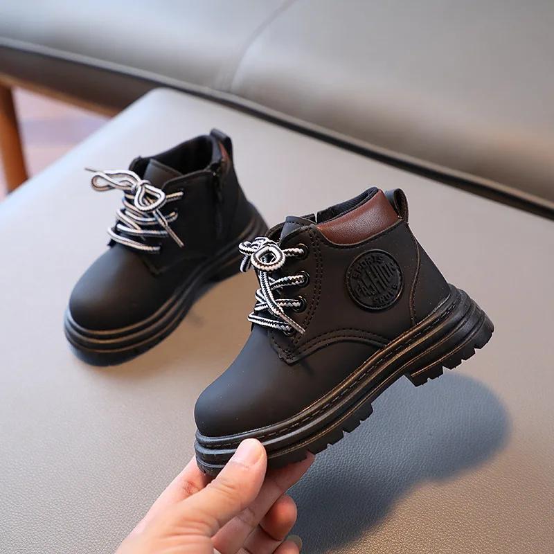 Bottes en cuir PU pour garçons et filles, bottines pour enfants, chaussures à semelles souples pour 