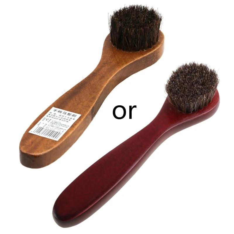 Brosse à poils de cheval à Long manche en bois, pour nettoyer les chaussures en forme de S