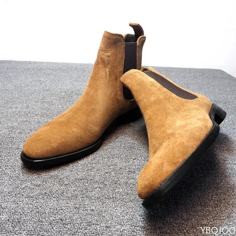 Bottines Chelsea de luxe en velours pour hommes, chaussures en cuir suédé de haute qualité, bottes habillées Botas de Hombre