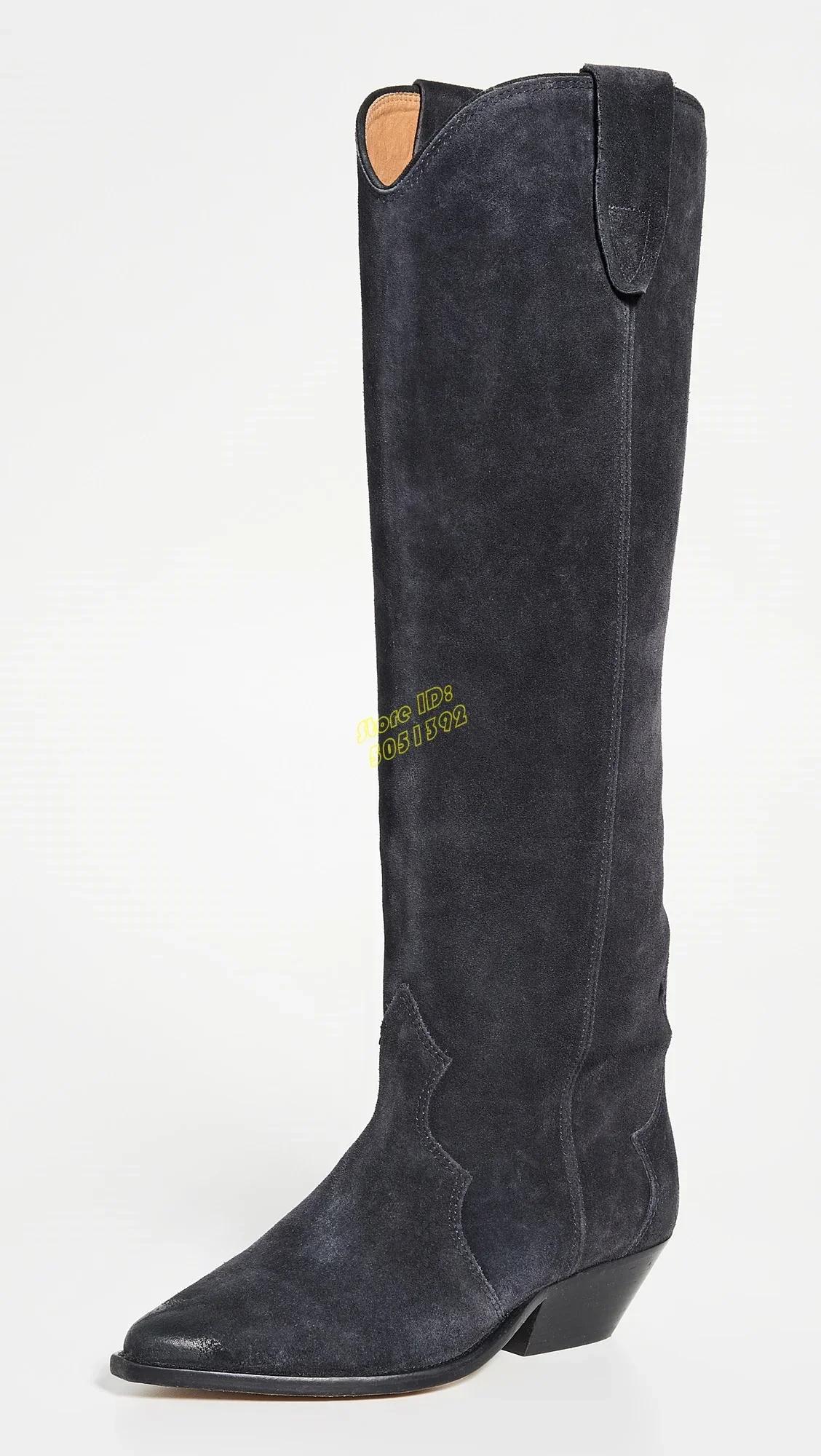 Bottes hautes en daim noir à talon carré, bout pointu sexy, talon moyen, faites à la main, style western cowboy, en cuir noir, Nouveautés