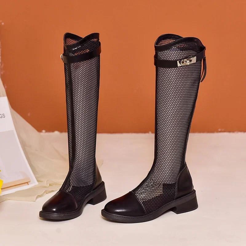 Bottes longues froides pour femmes, bottes à talons, chaussures en maille au genou, surface optique, tout porter, été, nouvelle mode, 2024
