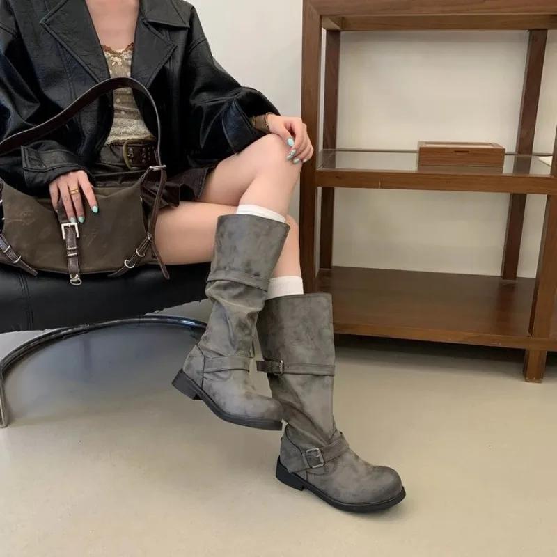 Bottes de cowboy occidentales pour femmes, bottes hautes à talon épais et bout rond, en cuir PU, pour l'automne, modèle 15582