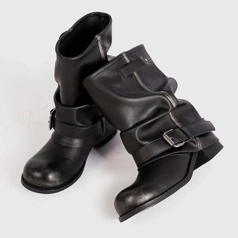 Bottes de motard pour femmes, Design avec boucle de ceinture, plateforme à racines épaisses, confortables, antidérapantes, bout rond, mi-mollet