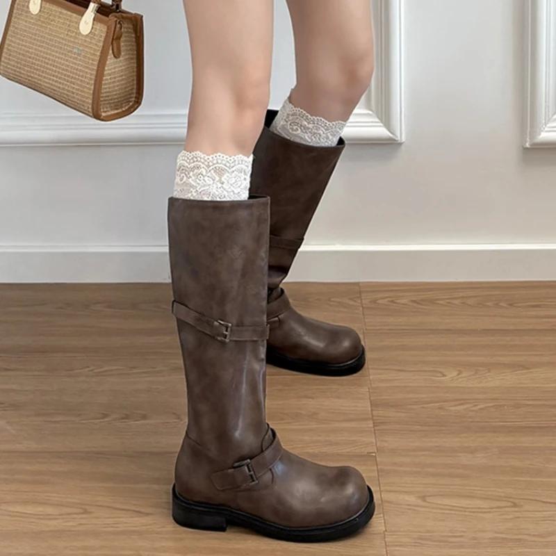 Vintage boucle de ceinture femmes genou bottes hautes élégant talon bas sans lacet chaussures automne hiver dames chevalier longs chaussons