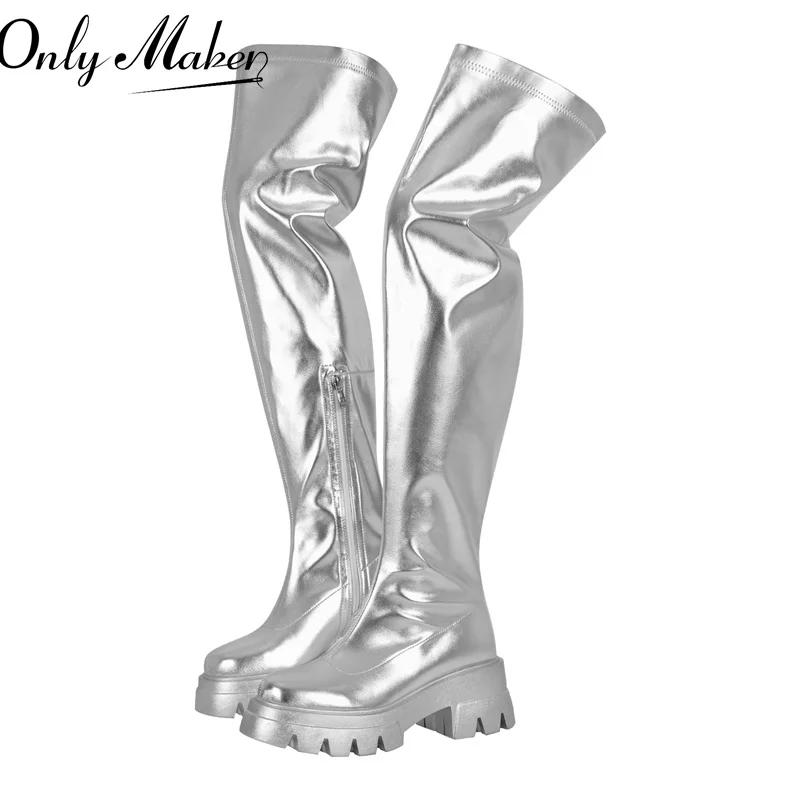 DALTol- Bottes Argentées au Dessus du Genou pour Femme, Fermeture Éclair Latérale, Mode d'Hiver