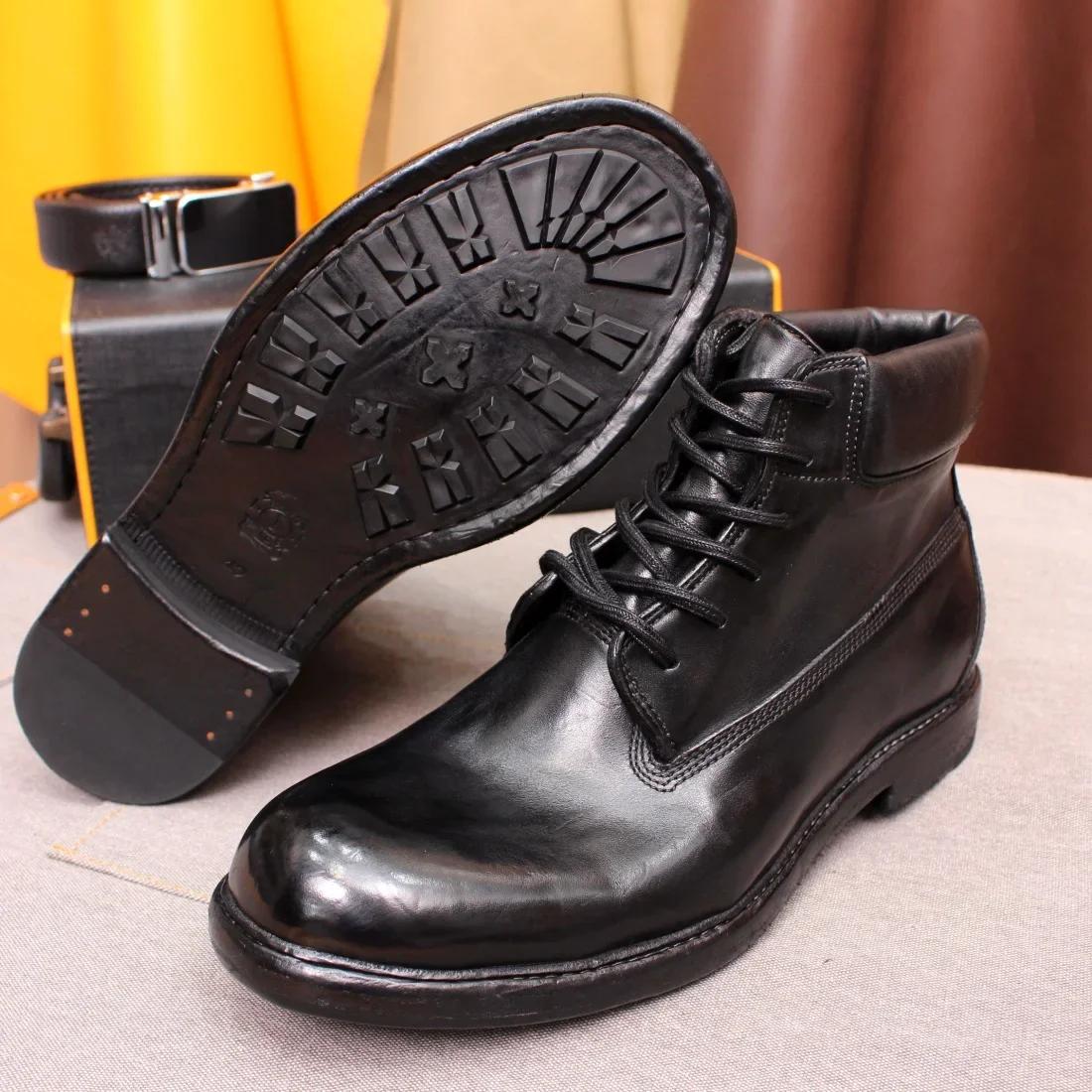 Bottines de Style britannique pour hommes, chaussures de moto d'hiver à lacets, souples, faites à la main, semelle en cuir véritable, coupe-vent, confortables